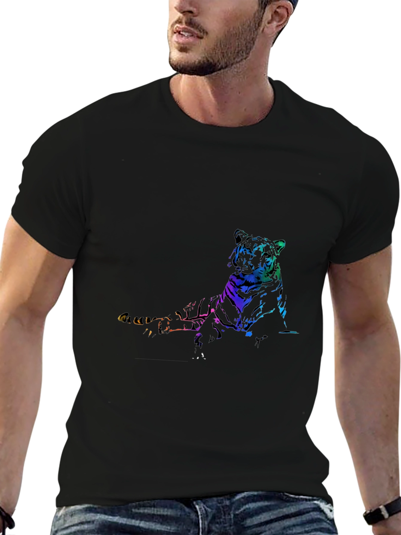 Rainbow Tiger Graphic Print Black T-Shirt