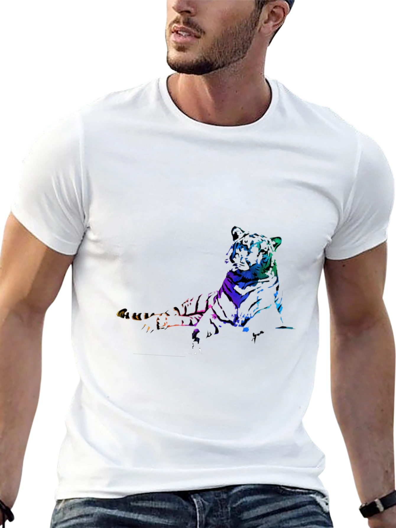 Rainbow Tiger Graphic Print Black T-Shirt