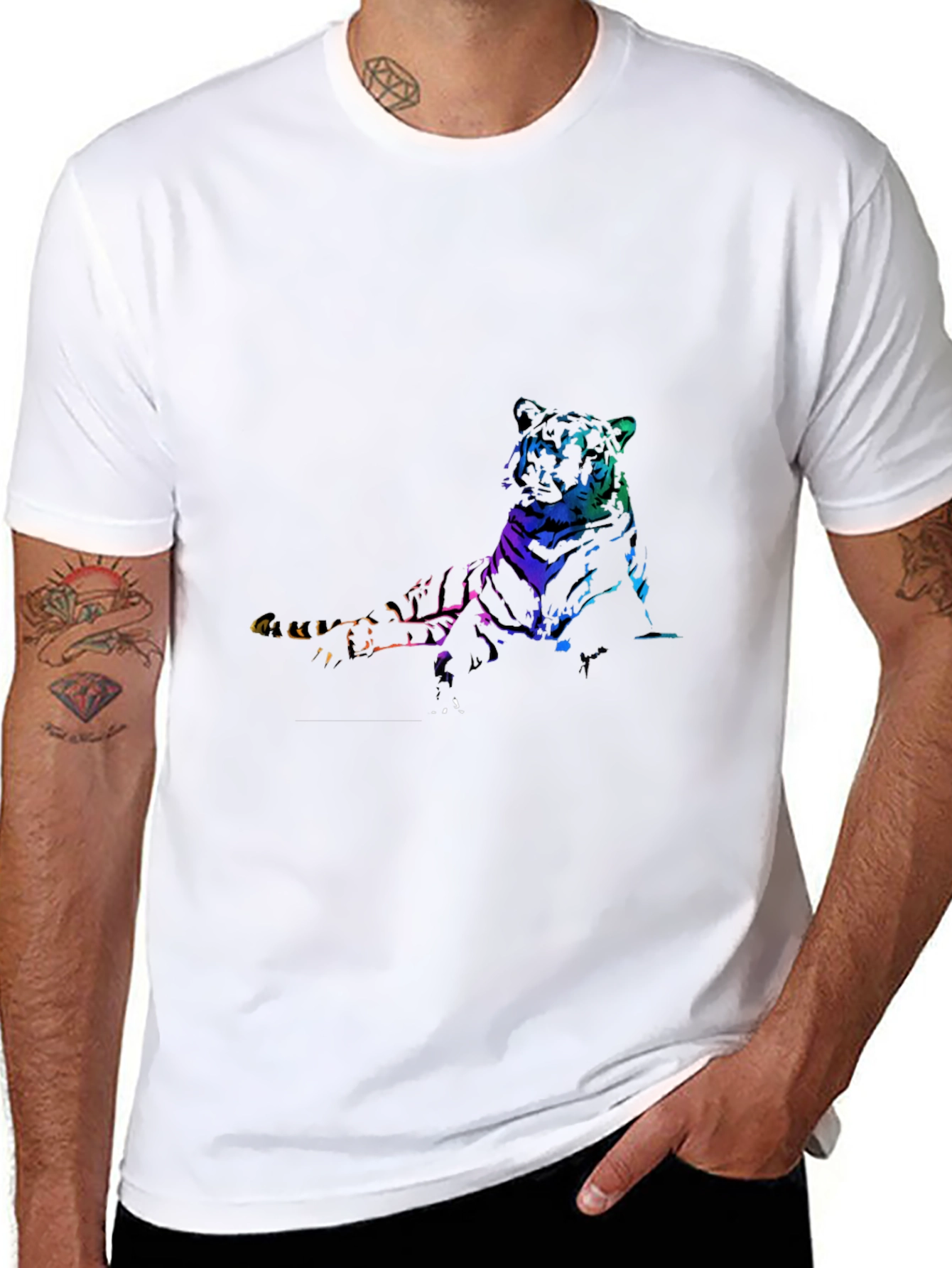 Rainbow Tiger Graphic Print Black T-Shirt