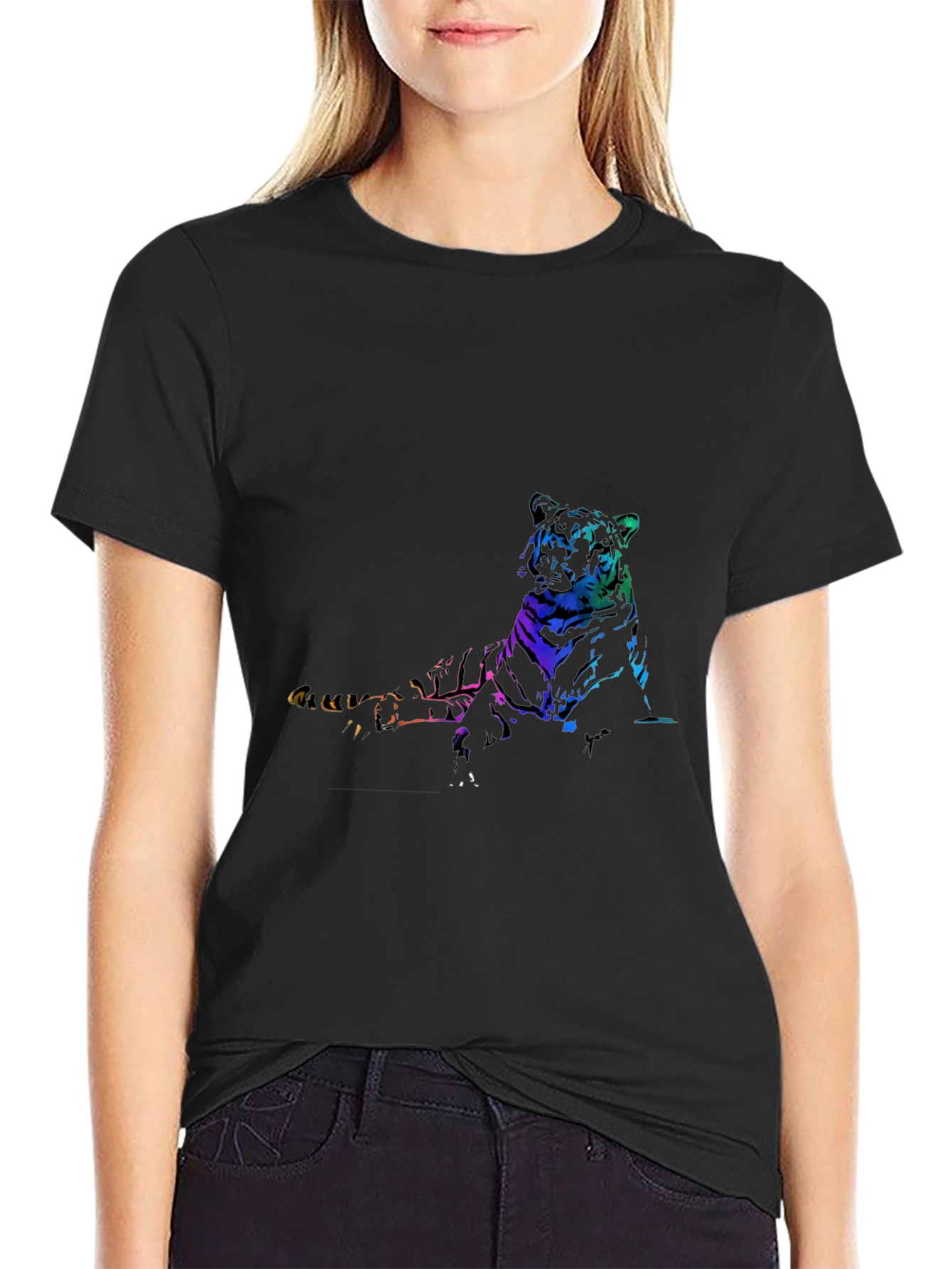 Rainbow Tiger Graphic Print Black T-Shirt