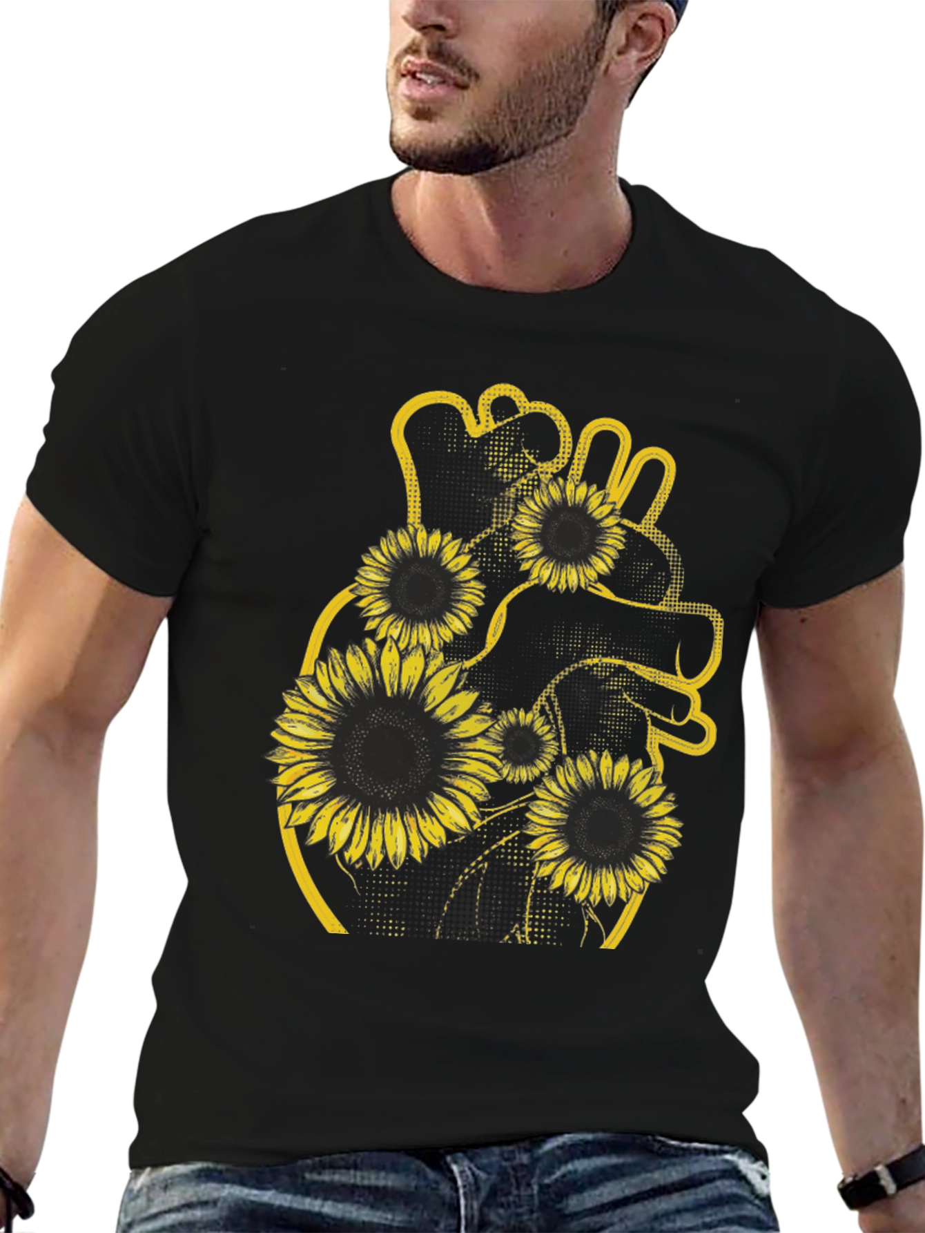 Sunflower Heart Graphic Black T-Shirt