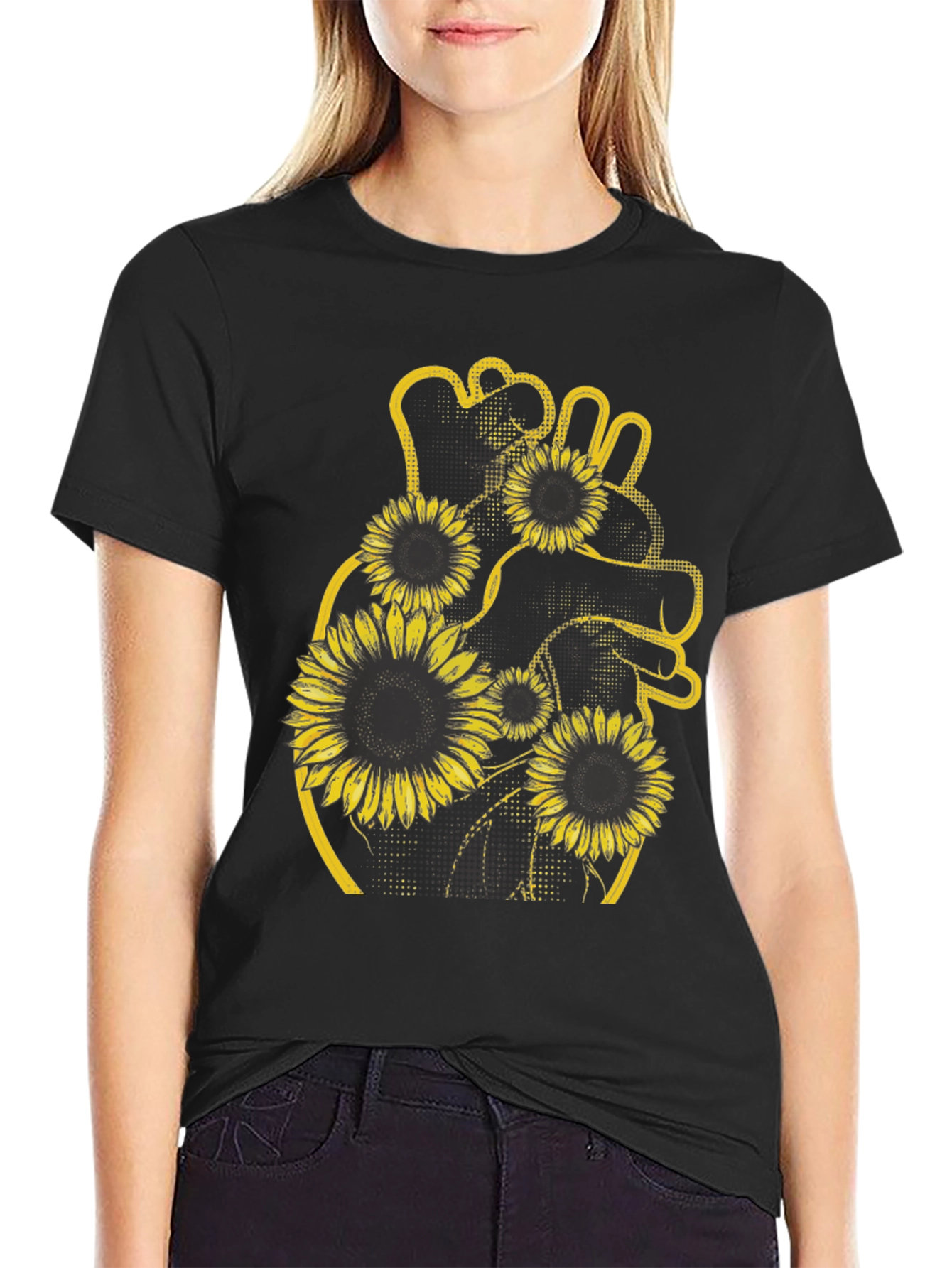 Sunflower Heart Graphic Black T-Shirt