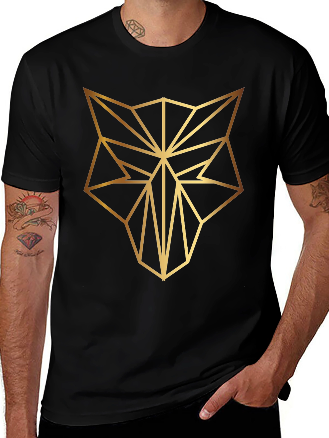 Geometric Wolf Tee - Stylish Mens Black T-Shirt