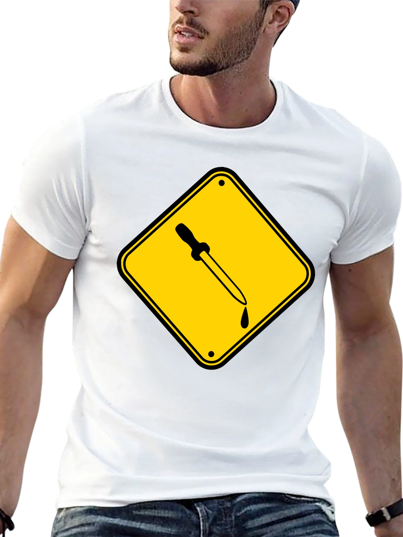 Black T-Shirt with Pipette Warning Sign Graphic