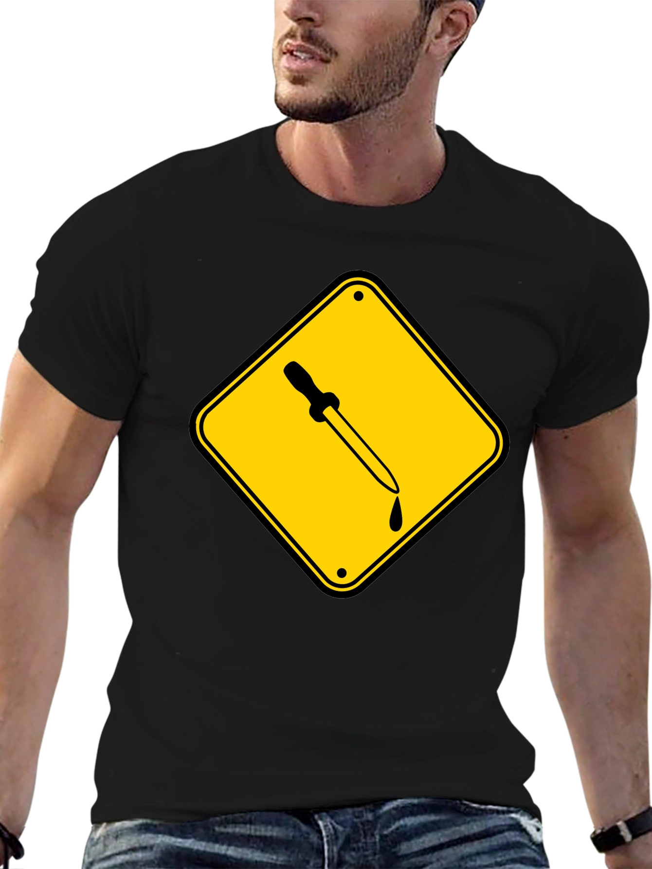 Black T-Shirt with Pipette Warning Sign Graphic